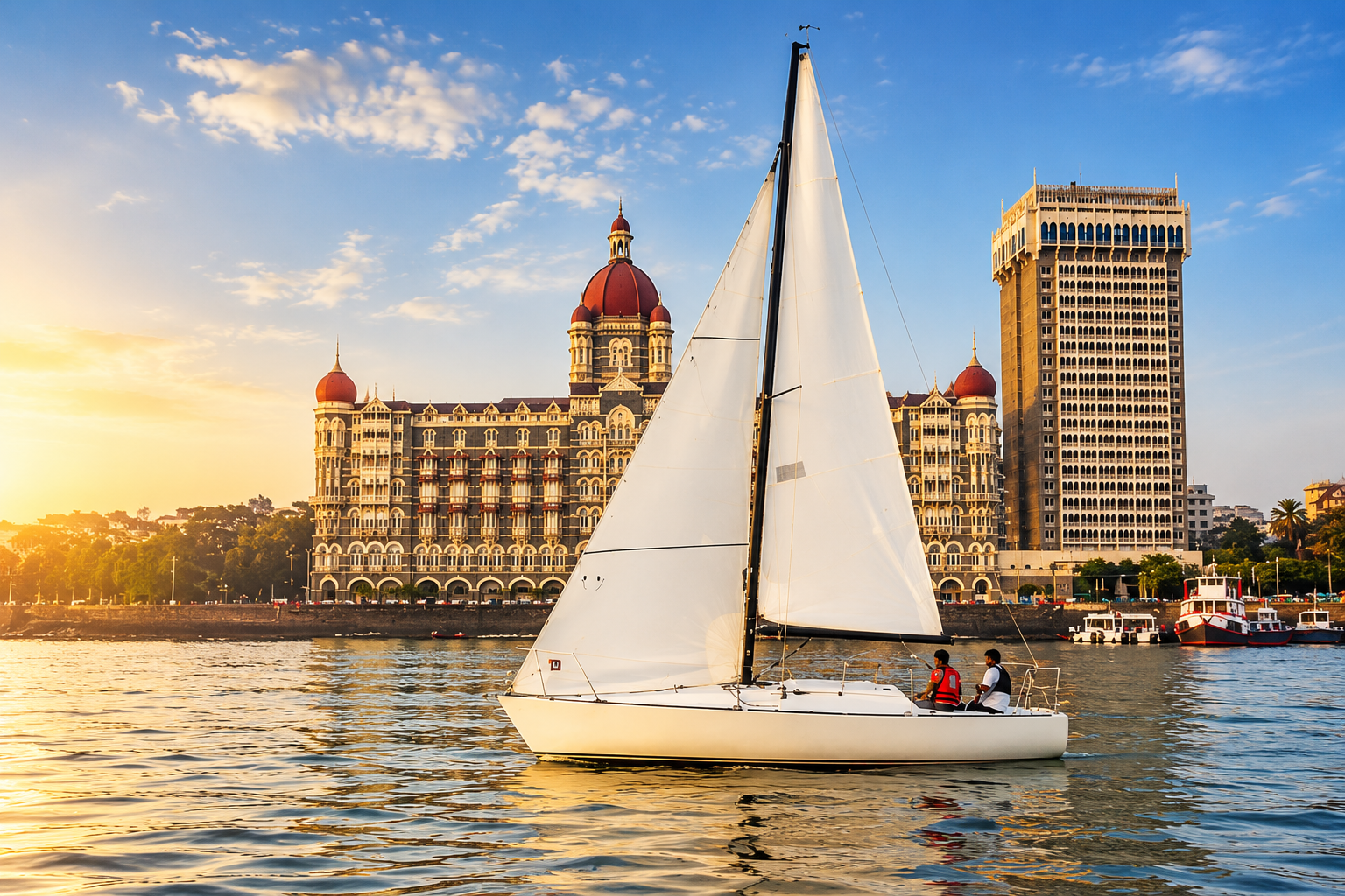 Sailing boat on Mumbai harbour near the Taj Mahal Palace Hotel
